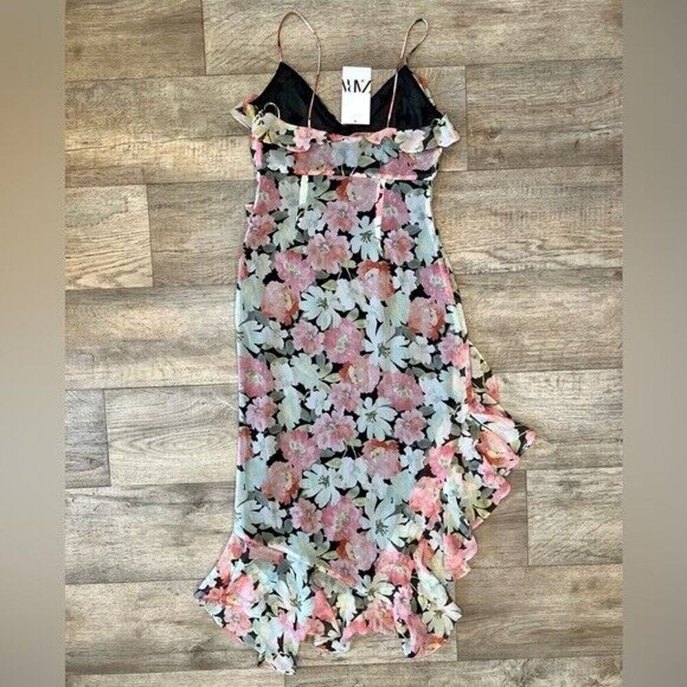 Zara NWT Floral Ruffle Asymmetrical High Low Strappy Midi Dress M - Picture 16 of 16